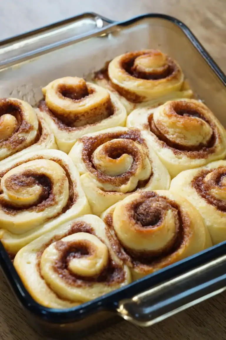 nine cinnamon rolls in a glass baking pan without icing.