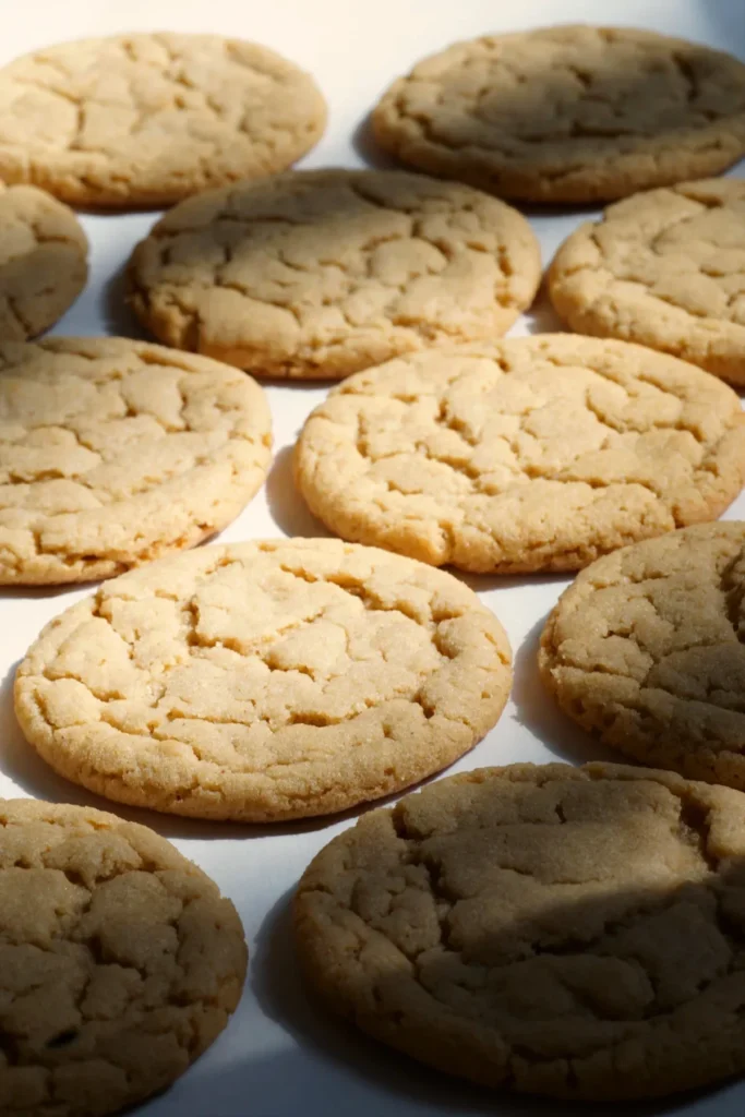 Peanut butter cookies laying flat on a white surface with shadows over them.